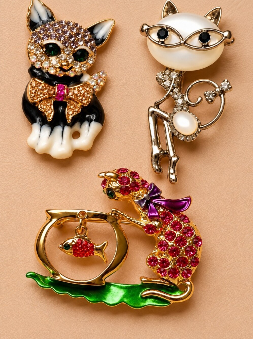 Set of 3 Modern Cat Brooches Rhinestone Enamel Pearl Jewelry